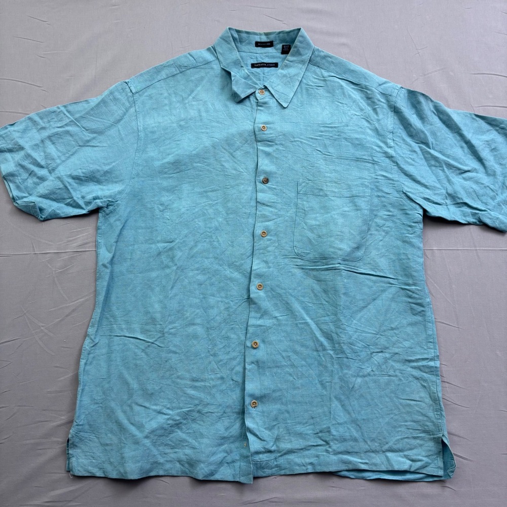 Van Heusen Studio Mens Teal Blue Linen Blend Short Sleeve Button Down Shirt L